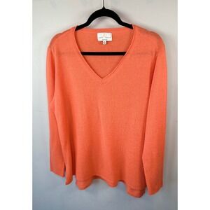 Belle France 100% Cashmere Sweater XL Coral Orange V-Neck Long Sleeve Pullover